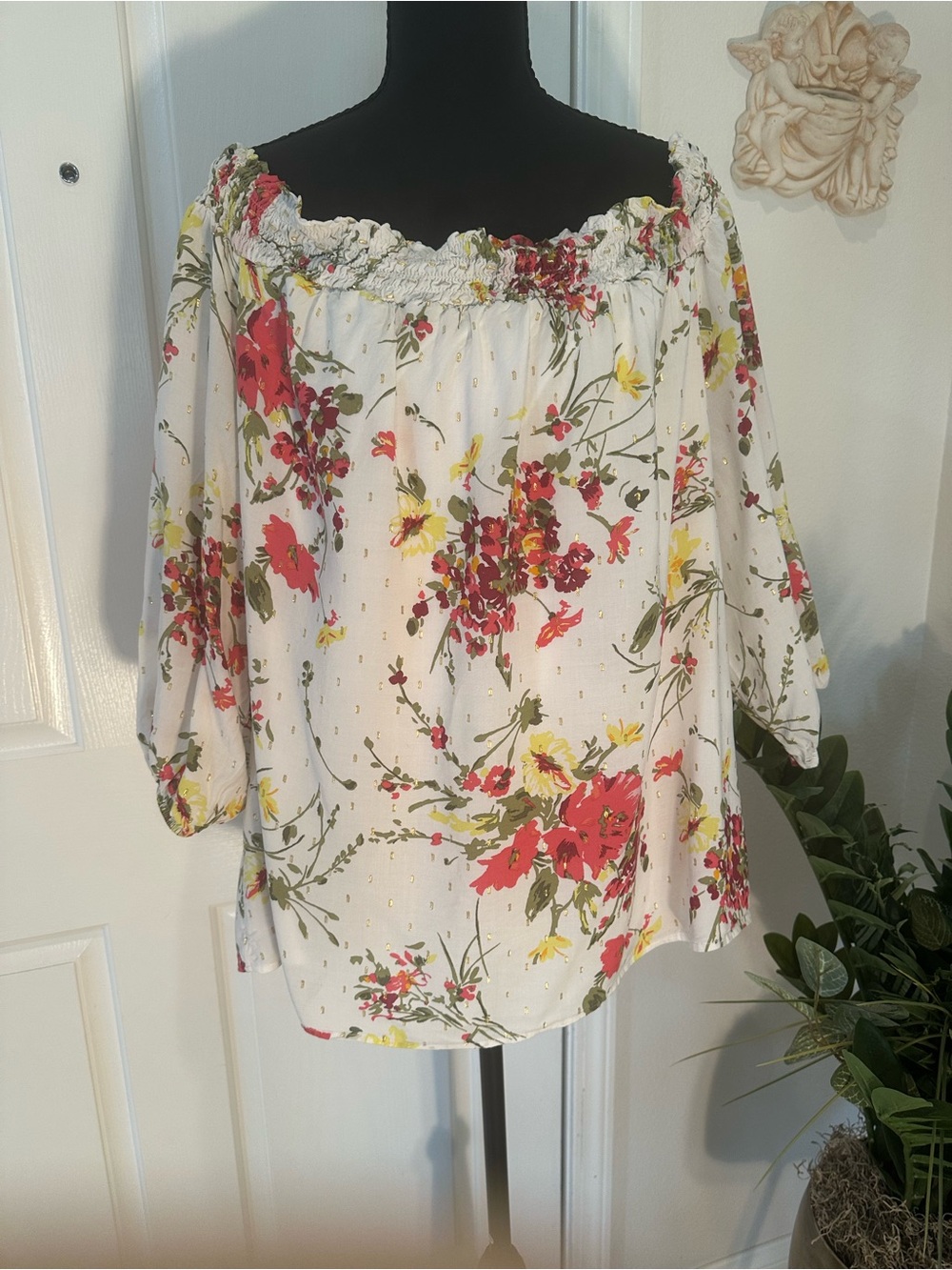 Lane Bryant White Off-Shoulder Blouse with Red, Pink & Yellow Floral Print